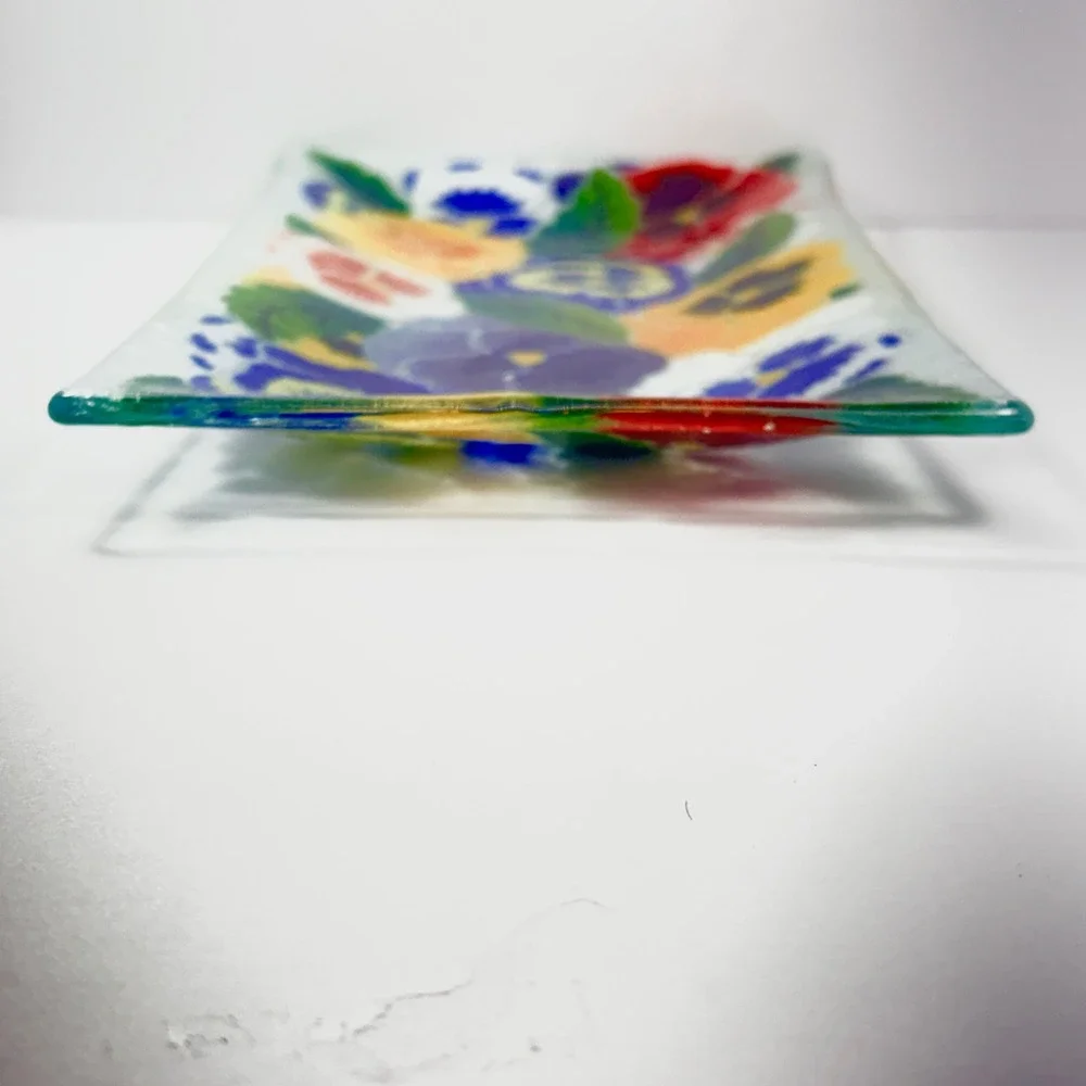 Peggy Karr‎ Fused Art Glass Rectangular Pansies Tray 10 x 6 in Retired